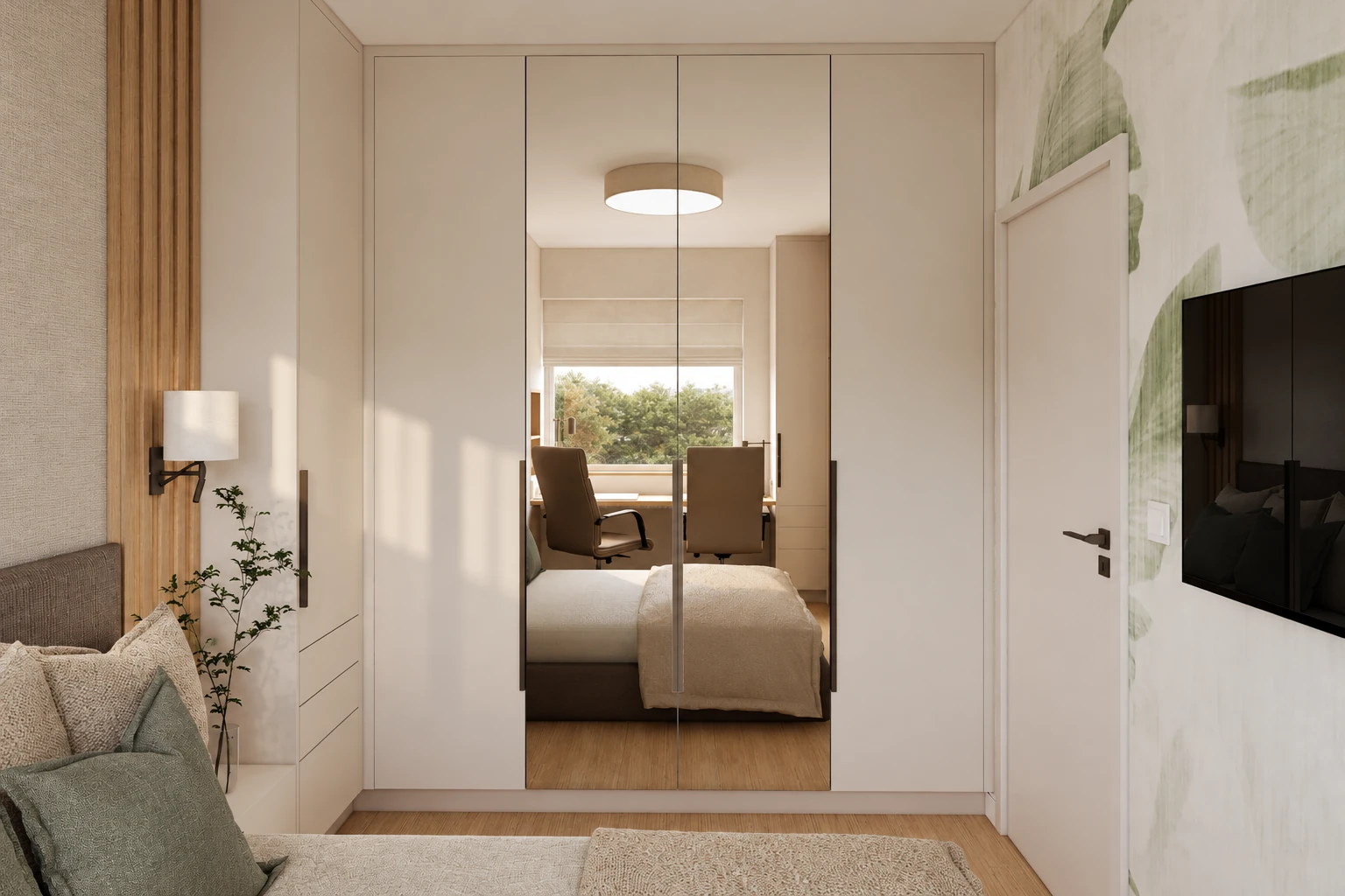 The bedroom's run of built-in cabinets with four doors, the two middle ones mirrored and reflecting the home office corner in front of the window; on the right a door and pale green leaf-patterned wallpaper with the TV, on the left wooden slats and a wall light