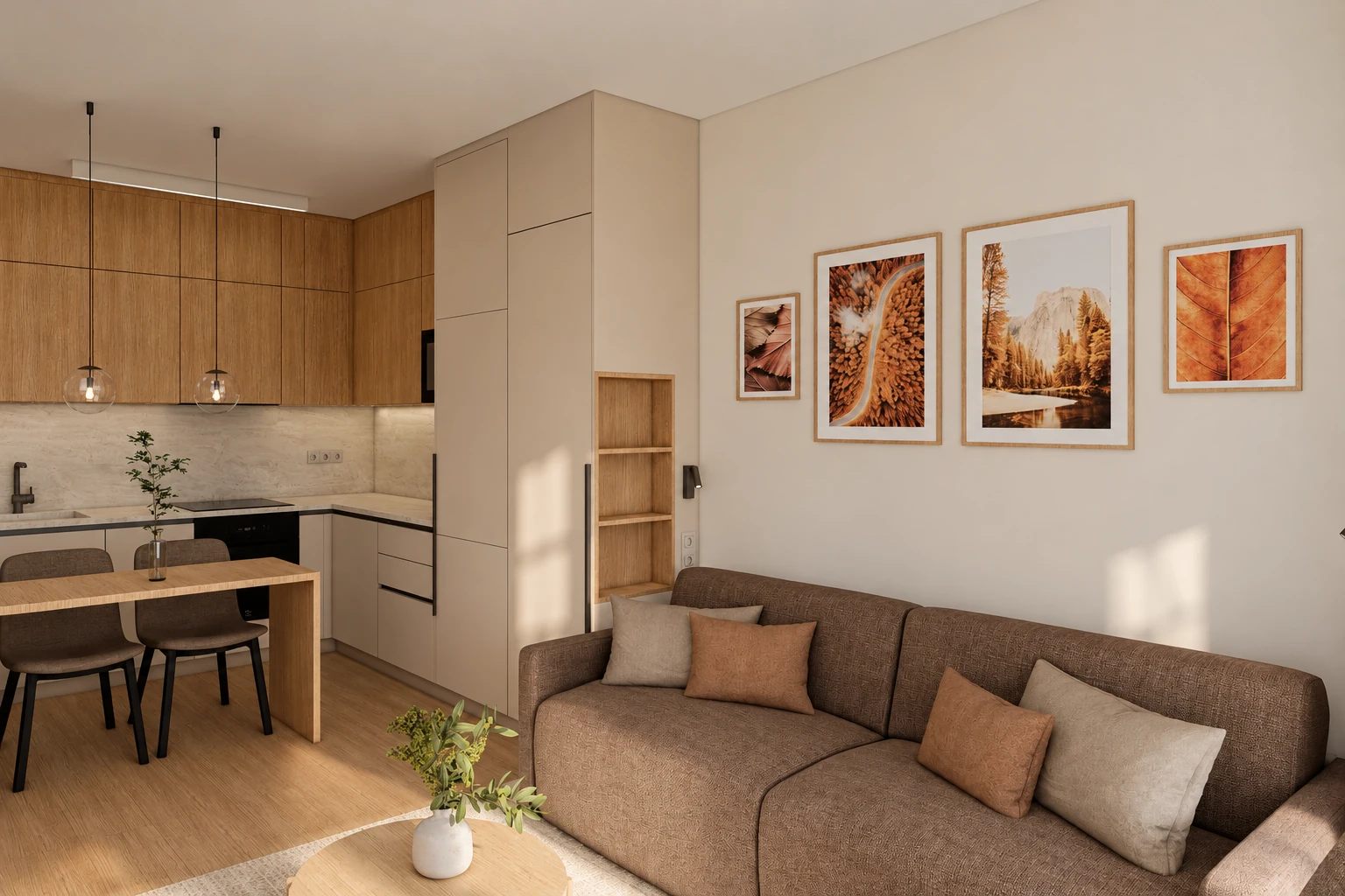 Living room, kitchen and dining area in one open space: an L-shaped kitchen with natural wood-effect wall units, a light stone-effect splashback and pale beige base units, in front of it a wooden dining table for two with two chairs and two glass globe pendant lights, on the right a tall pale beige cabinet column with an open wooden shelf niche, and a brown sofa
