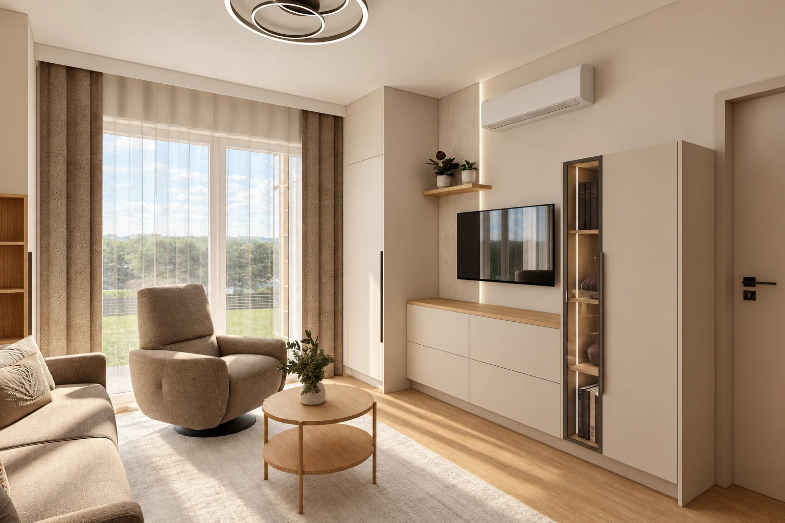 The living room TV wall: a floor-to-ceiling built-in cabinet, a narrow stone-effect wall panel with a vertical light strip and a wooden shelf, a low cabinet with a wooden top, and beside it a dark-framed glass display cabinet lit from within and a tall cabinet; in the foreground a swivel armchair and a round wooden coffee table, above them a ring ceiling light