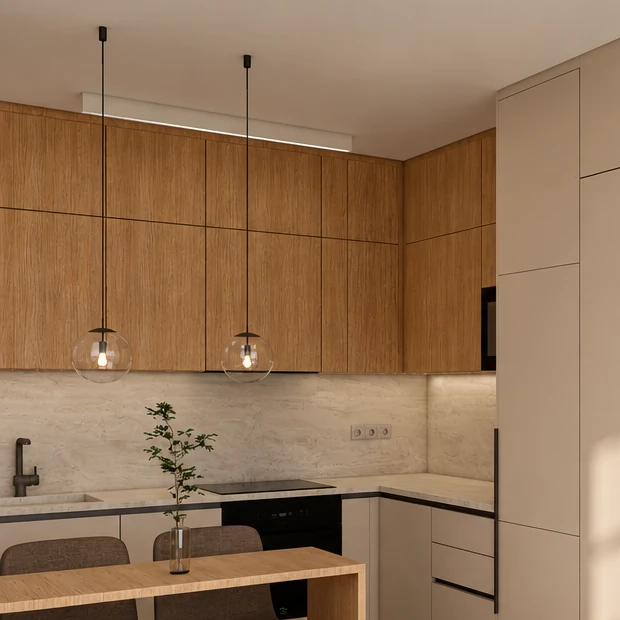 Kitchen with two rows of natural wood-effect wall units, two glass globe pendant lights in front of them, a light stone-effect splashback below, a built-in hob and oven, and a black tap