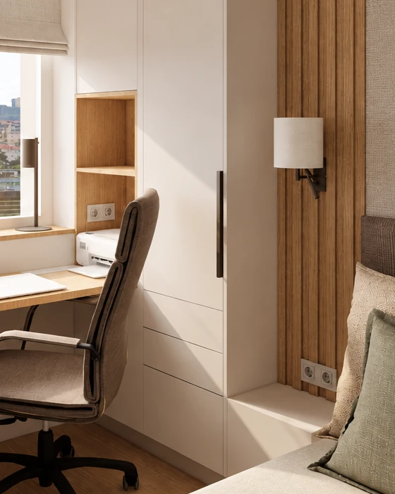 Open, wood-lined shelf niche above the desk, with sockets on its back panel; beside it a built-in cabinet with drawers and a long handle, on the right wooden slats with a wall light and a low built-in shelf beside the bed