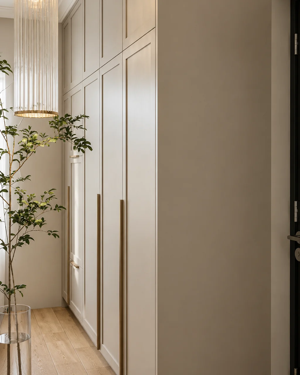 Hallway with floor-to-ceiling built-in wardrobes and a glass pendant