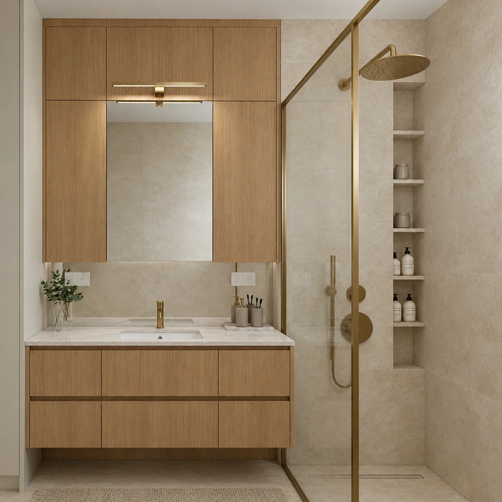 Bathroom with an oak vanity unit and mirrored wall cabinet, stone-effect tiling, a glass-walled shower and gold fittings