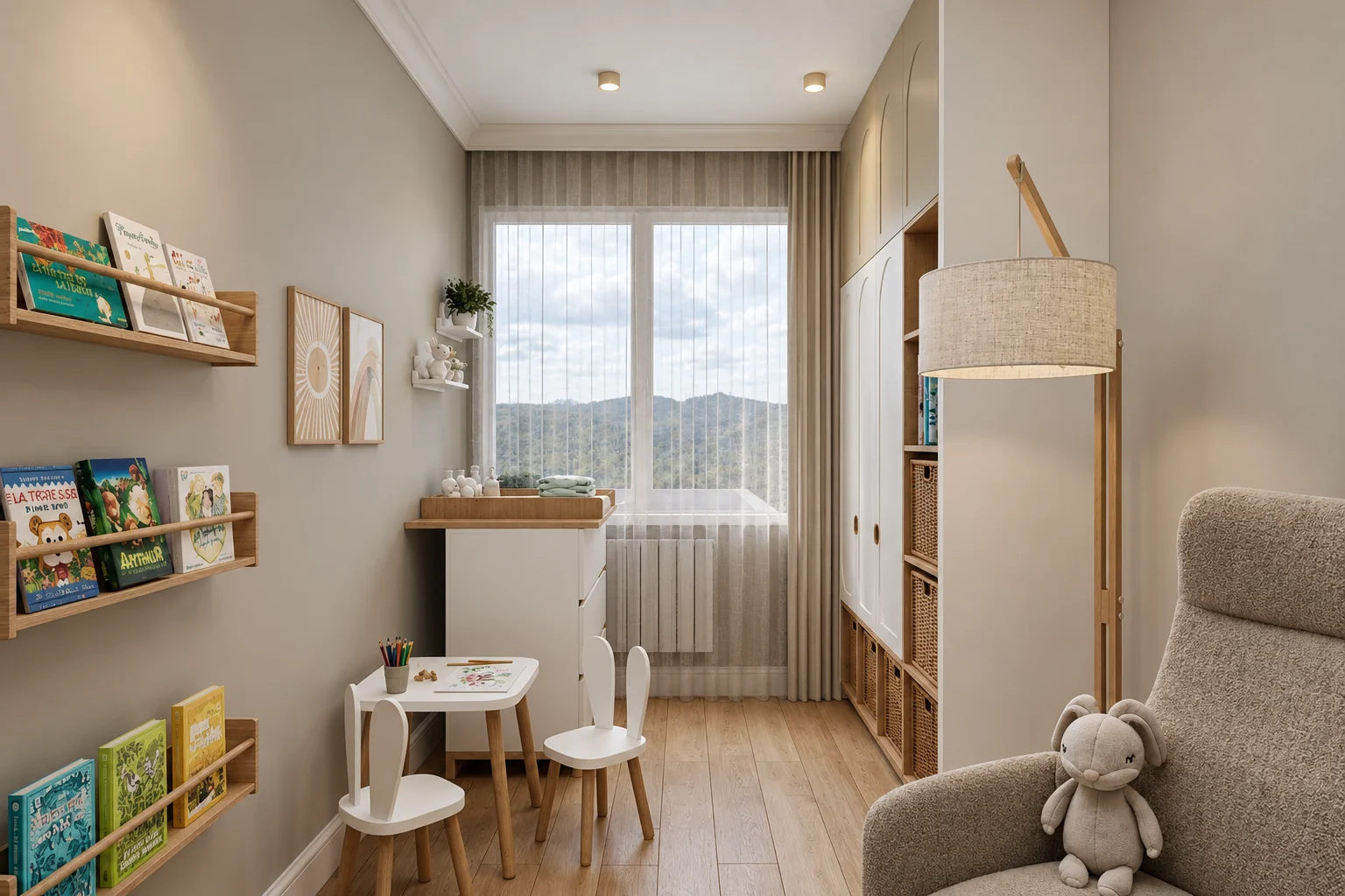 Children's room with wall-mounted book ledges, a small table with children's chairs, a floor lamp and an armchair