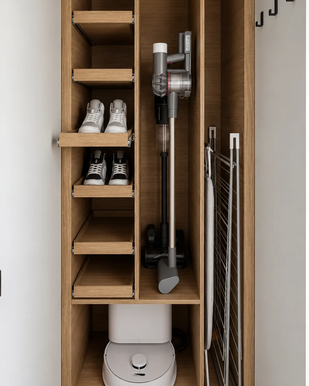 Utility cupboard with shelves, shoe storage, hooks, a stick vacuum and a robot vacuum dock