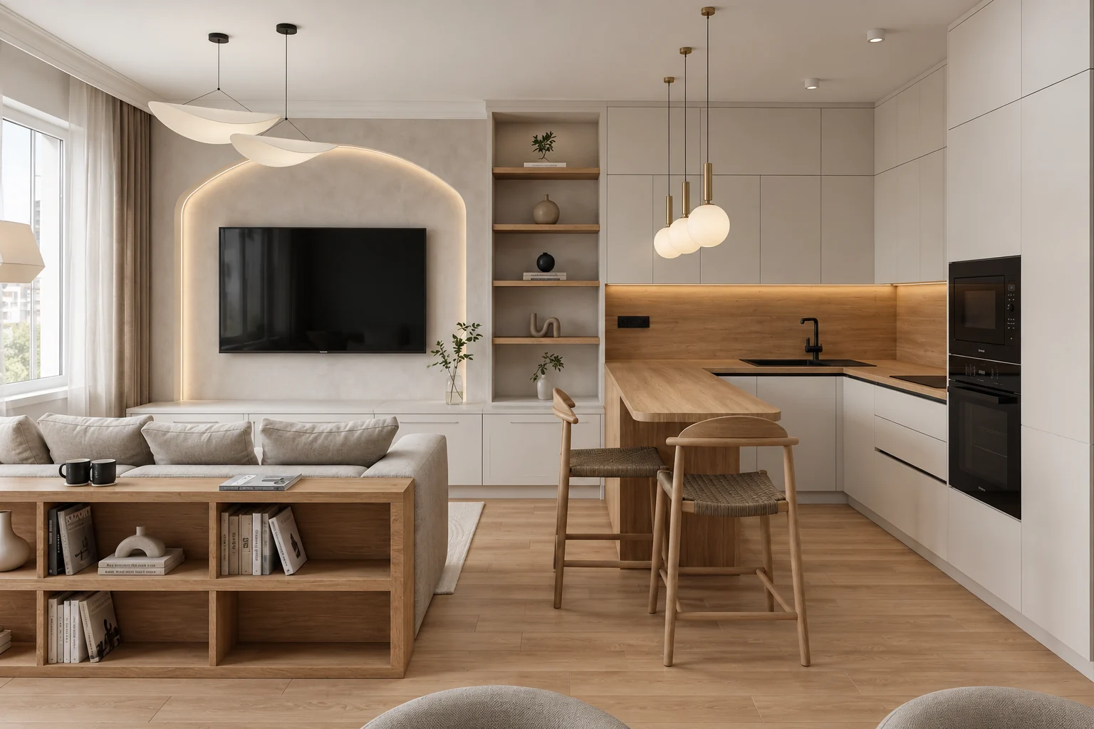 Kitchen and living room with an arched, backlit TV niche, oak shelves, a breakfast bar and three globe pendants