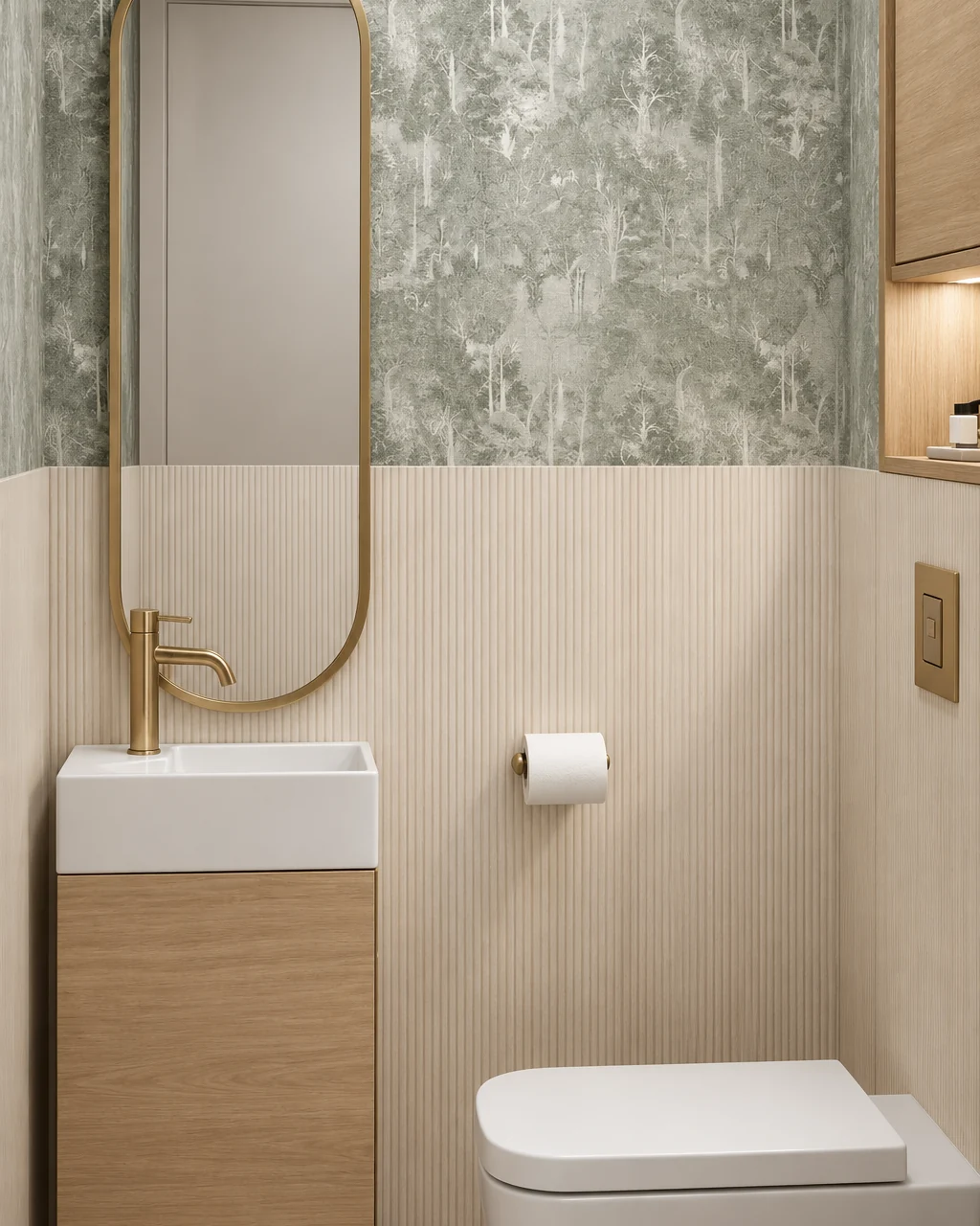 Guest WC with wallpaper above, slatted panelling below, an oval gold-framed mirror and a small oak vanity unit