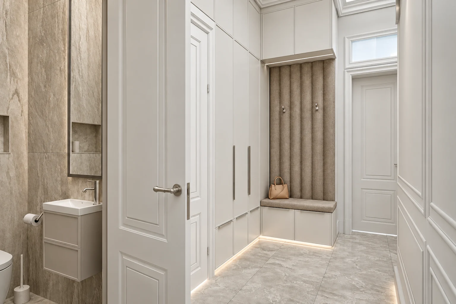 Entrance hall with a run of full-height white cupboards and a seating niche with sand-coloured, vertically channel-stitched upholstery, with the cream marble-effect tiling of the guest WC on the left