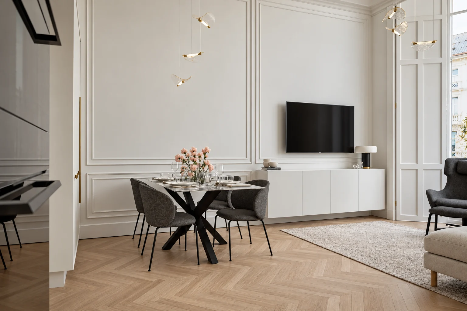 Dining table with dark grey chairs on herringbone parquet in front of framed wall panels, with a wall-mounted TV above a low four-door white cabinet on the right