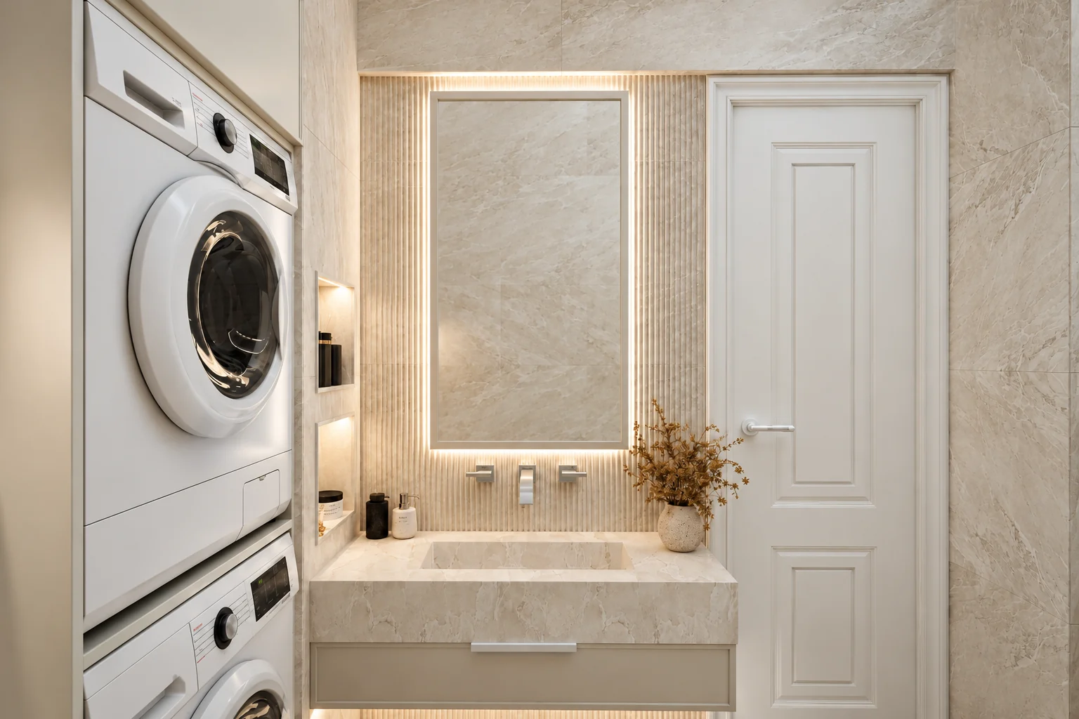 Floating marble-effect vanity with a wall-mounted tap, a backlit mirror set against fluted wall cladding and a panelled door on the right