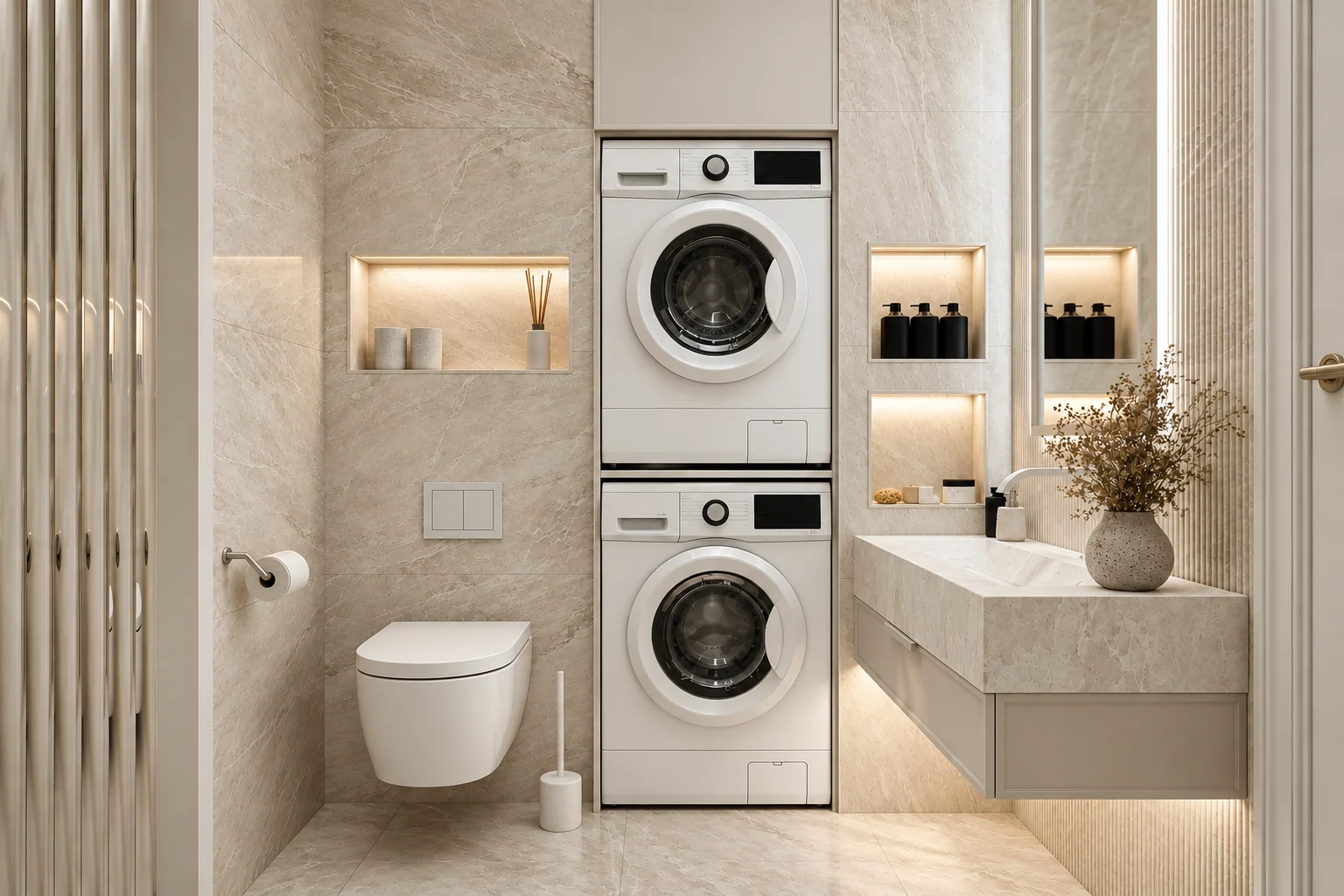 Cream marble-effect washroom with a wall-hung WC, a washer-dryer stack, illuminated wall niches and a floating marble-effect vanity