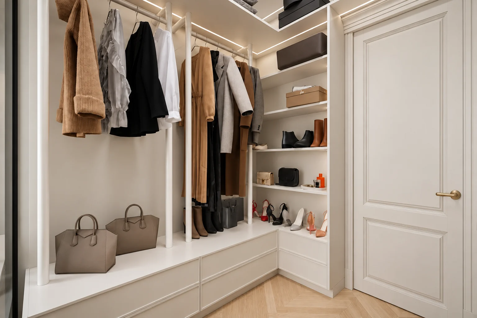 Walk-in wardrobe with open hanging rails, shelves and drawer units below, and its white panelled door on the right