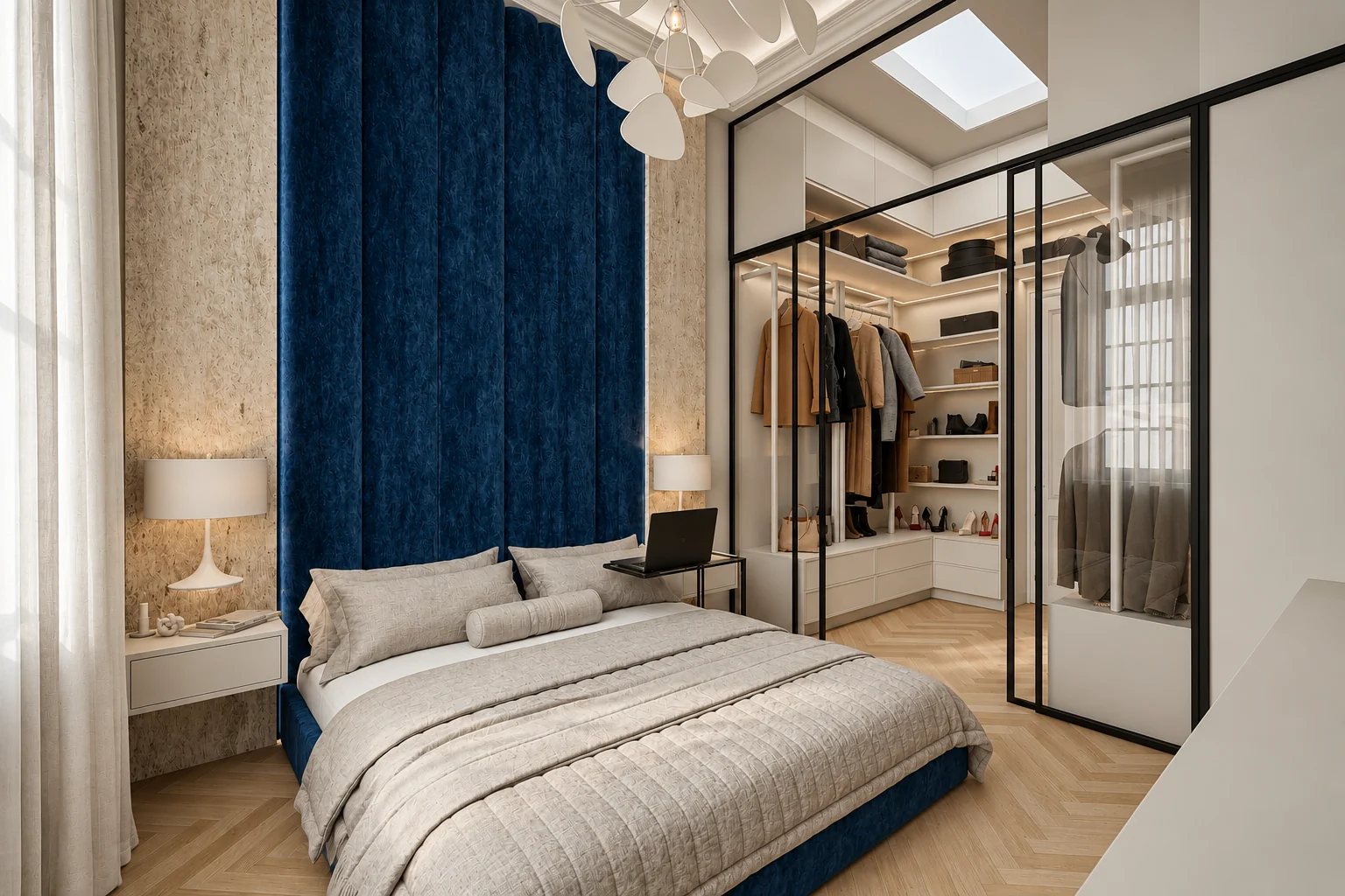 Bedroom with a full-height deep blue velvet wall behind the bed and a stone-effect surface on each side, a black-framed glass-walled walk-in wardrobe on the right and herringbone parquet