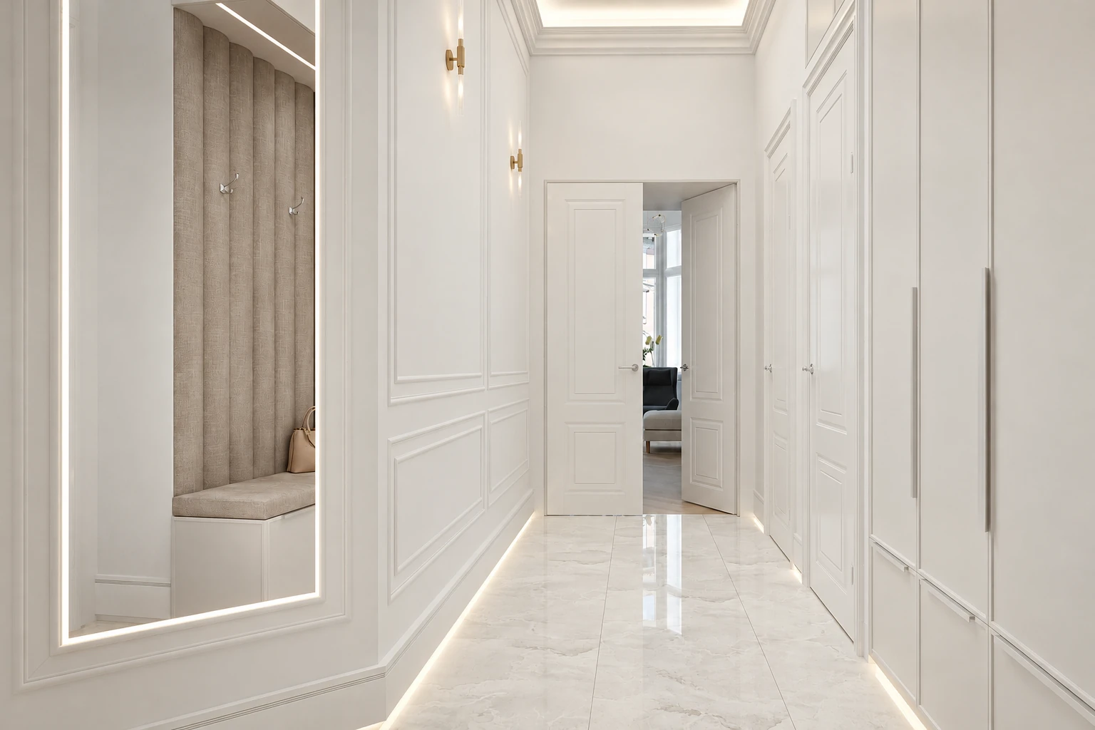 White hallway with framed wall panels, a large mirror with an illuminated frame, built-in cupboards and a glossy marble-effect floor
