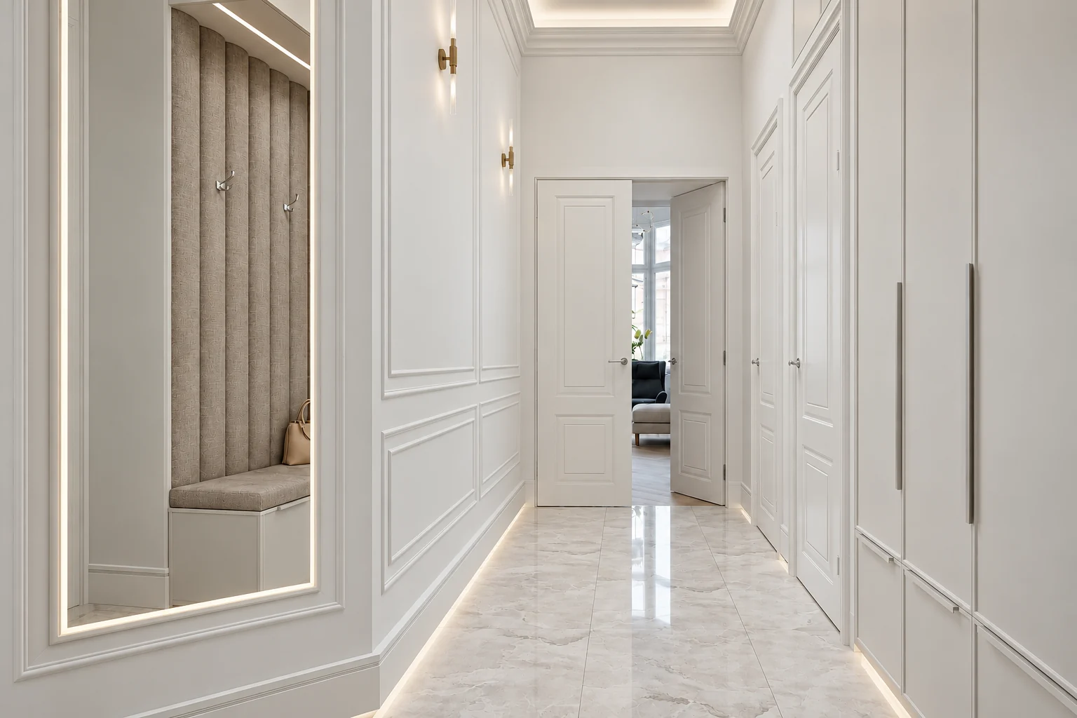 White hallway with framed wall panels, a large mirror with an illuminated frame, built-in cupboards and a glossy marble-effect floor
