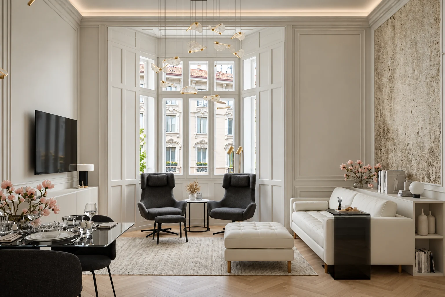 Living room with a three-part window bay holding two dark grey armchairs and a side table, a white leather sofa, framed wall panels and herringbone parquet
