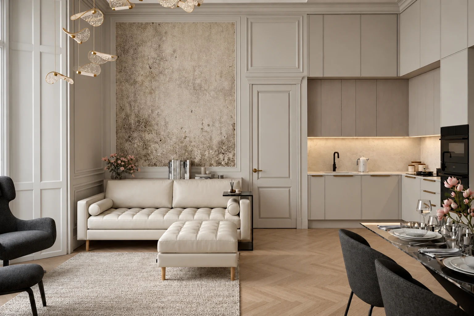 Living room with a patinated stone-effect wall panel in a white moulded frame, a white leather sofa and a buttoned pouffe, with a panelled door and the kitchen units on the right