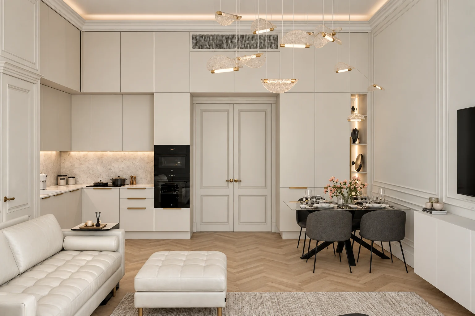 Period living room with a white leather sofa and a buttoned pouffe, behind them a double panelled door between full-height cupboards, the kitchen units on the left and a dining table on the right