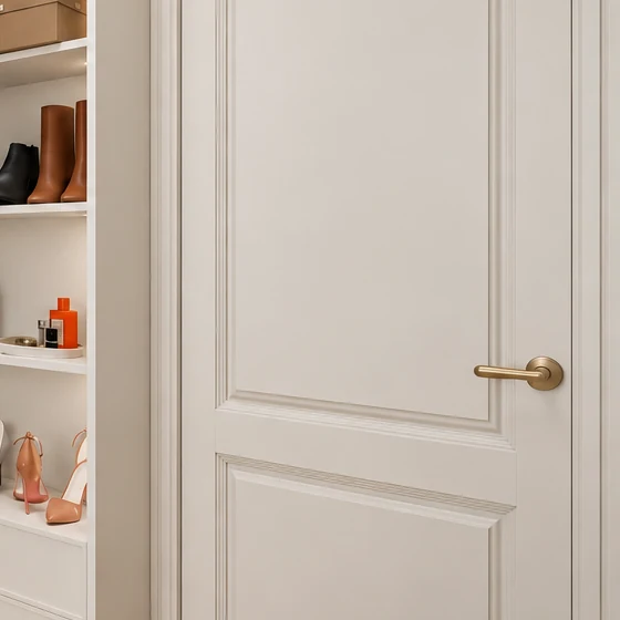 White panelled door with a brass-coloured handle, with open wardrobe shelves beside it