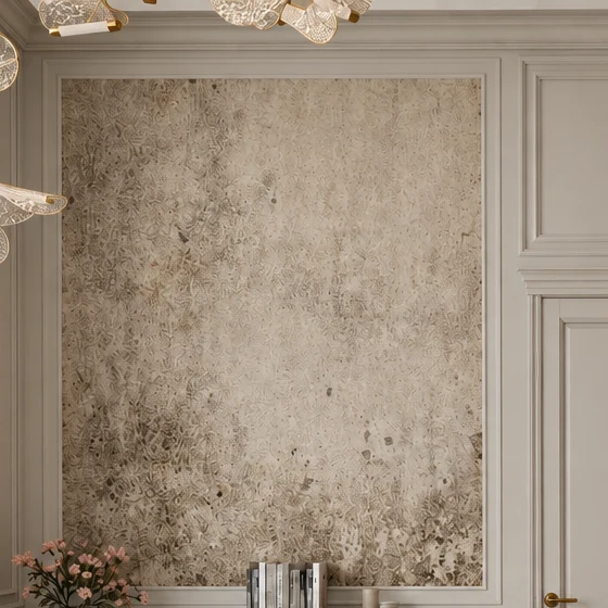Patinated stone-effect wall panel in a white moulded frame, with framed wall panels and a panelled door beside it