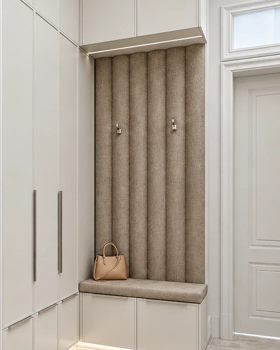 Seating niche with sand-coloured, vertically channel-stitched upholstery, two hooks and a seat with drawers in the run of white cupboards