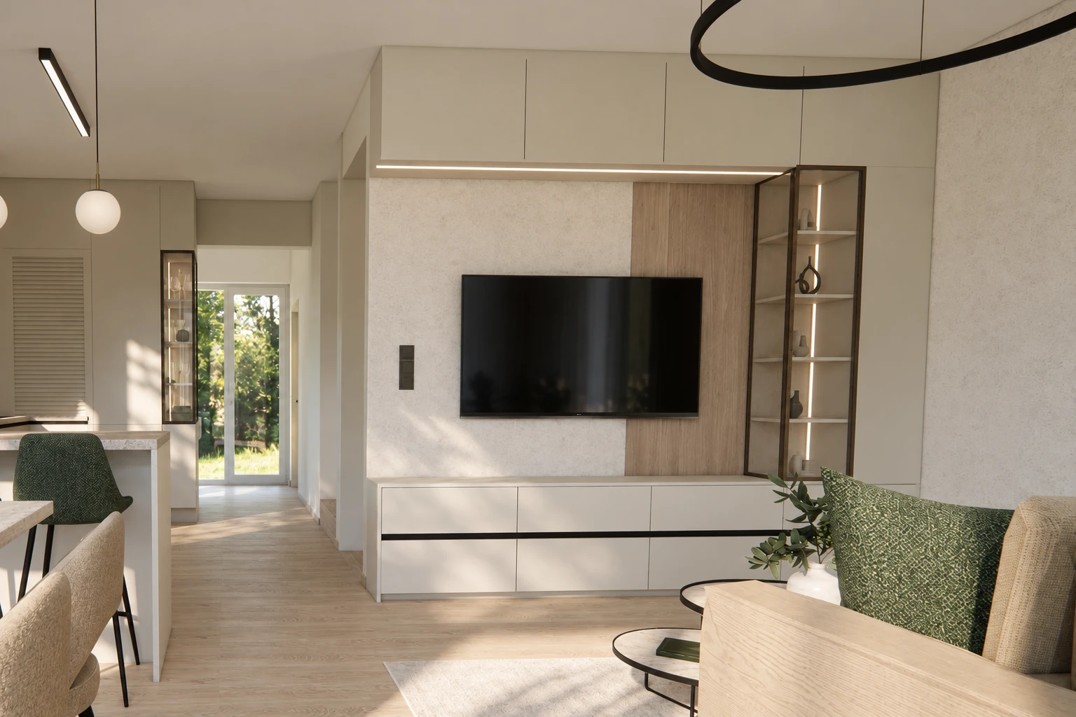 The TV wall from the front: a row of wall units with a concealed light strip, an oak panel, a lit display cabinet and a low chest of drawers with a black handle rail, with the corridor and the glazed door to the garden on the left