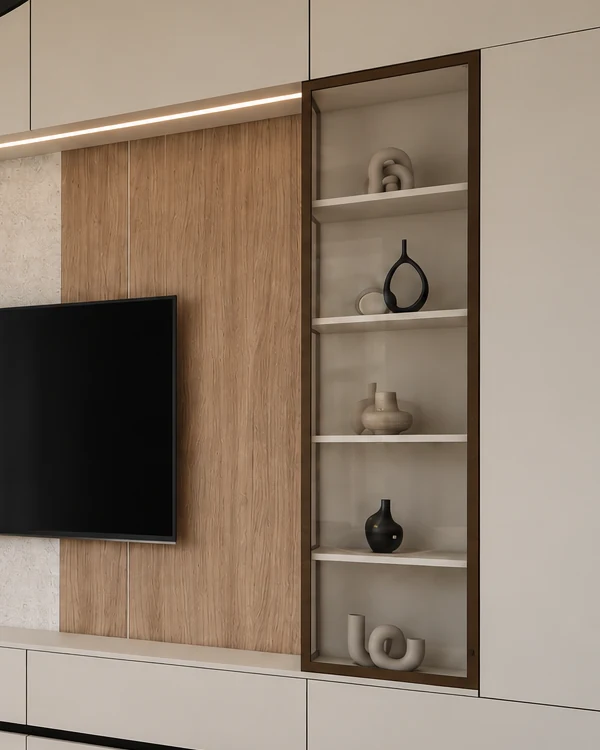 Vertical oak panel beside the TV, with a dark-framed glass display cabinet with light-coloured shelves on the right and, above, the light strip beneath the wall units
