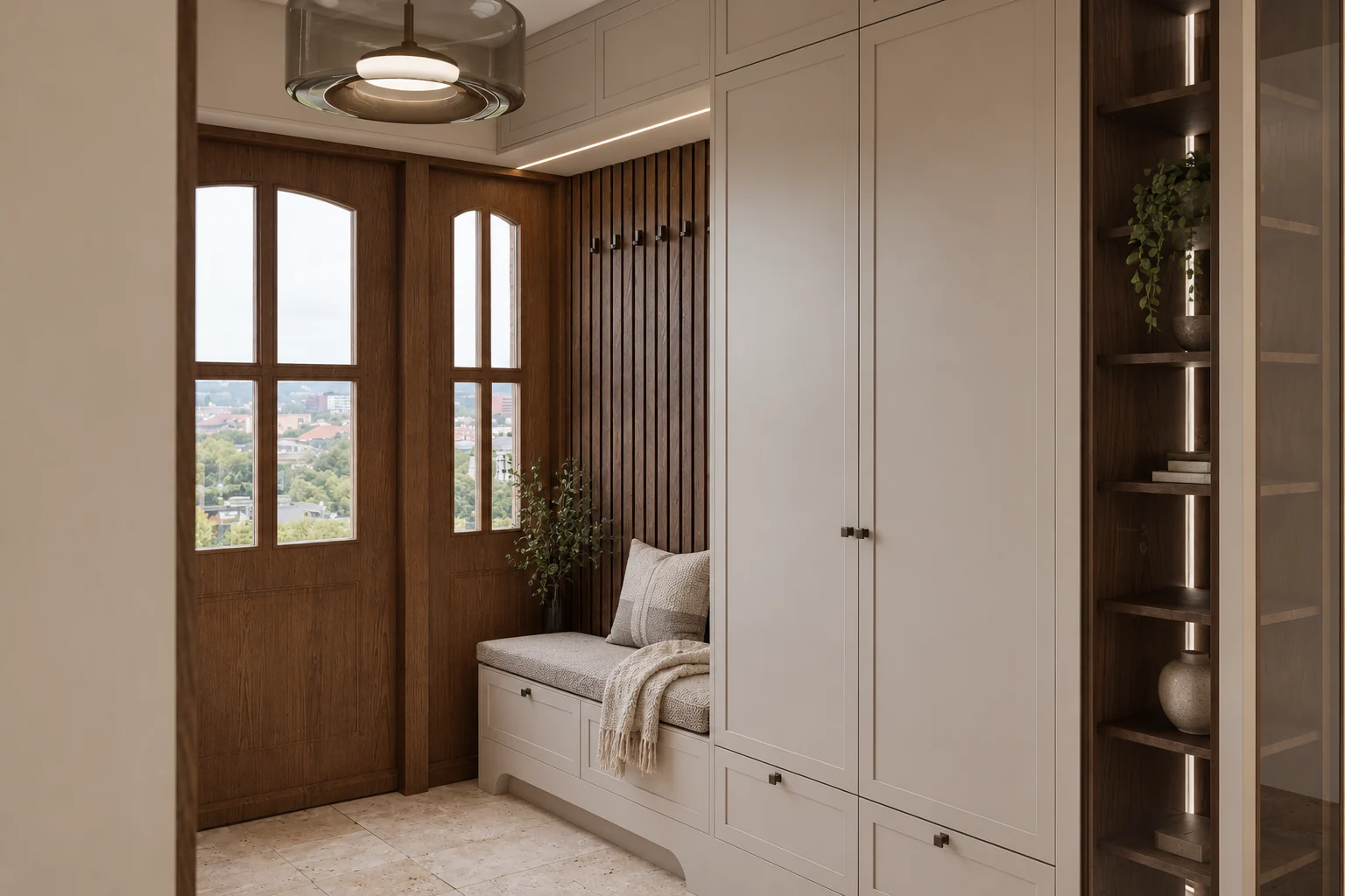 Built-in bench and wardrobe in the entrance area, with wall hooks