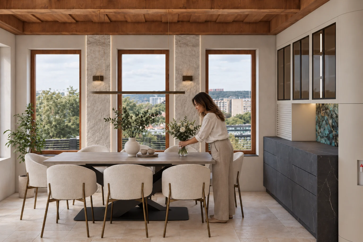 Lifestyle image of the dining area: a woman placing flowers on the marble table