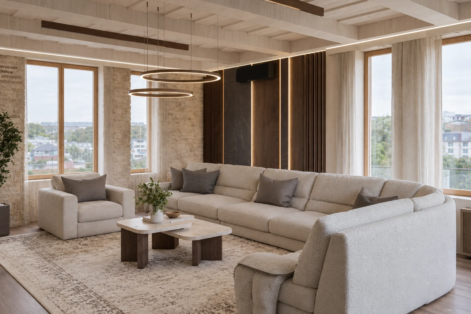 Living room with a row of windows, a light U-shaped sofa, a beamed wooden ceiling and a coffee table