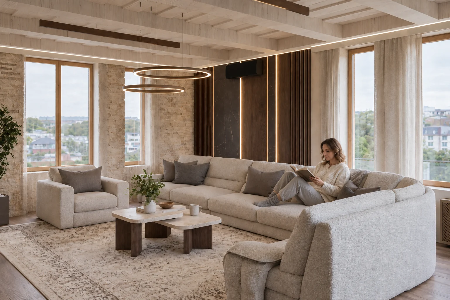 Lifestyle image of the living room: a woman reading on the U-shaped sofa in front of the row of windows