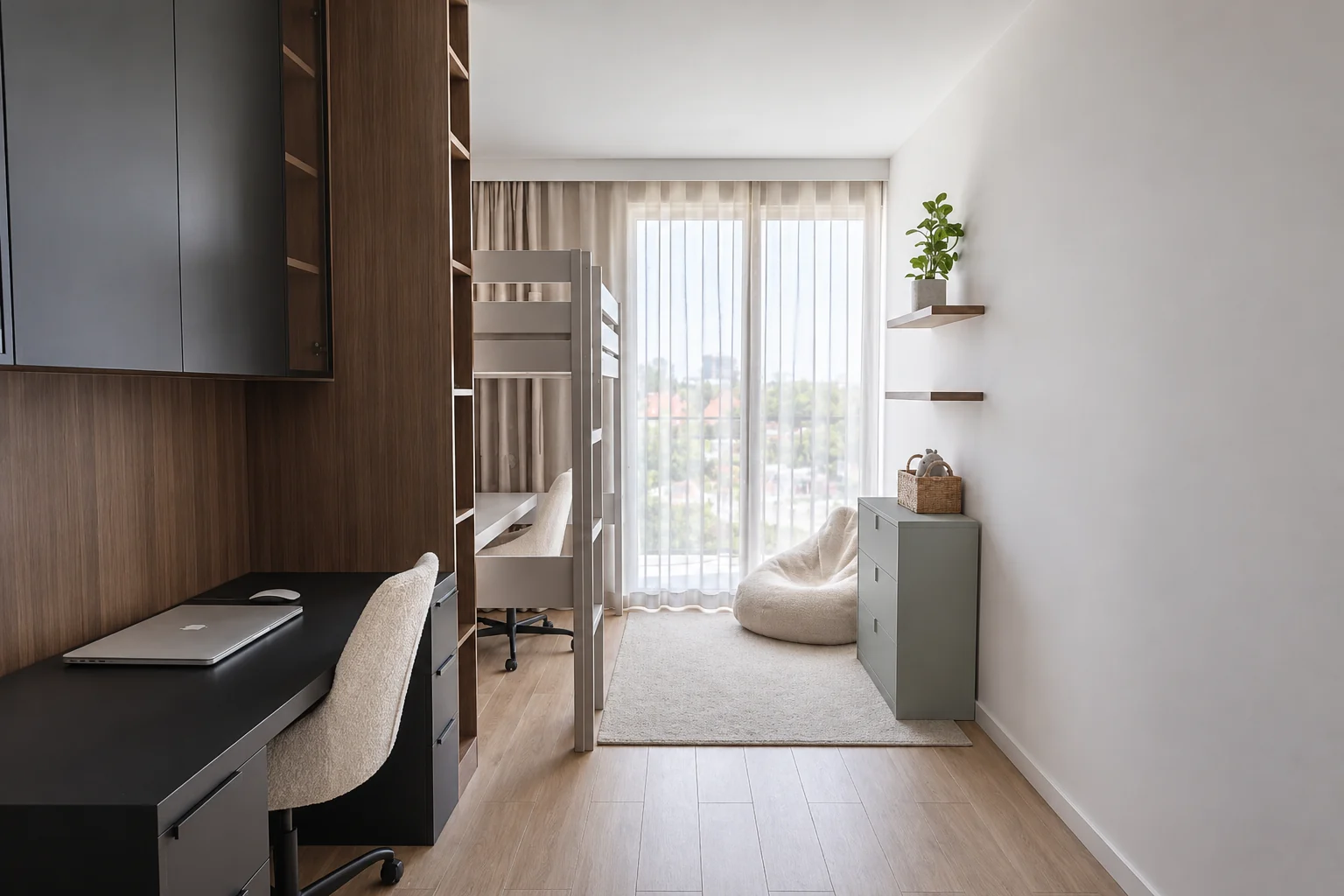 Study and children's room with a black desk, a dark run of cabinets and a white bunk bed by the window