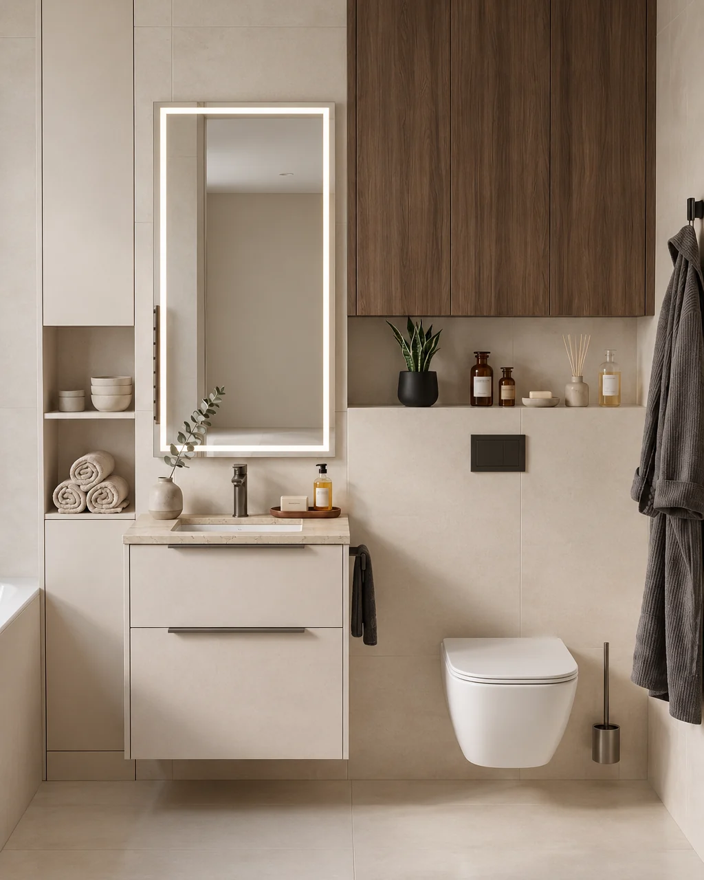 Bathroom with sand-coloured tiling, an LED-framed mirror, a floating vanity unit, an oak wall cabinet and a wall-hung WC