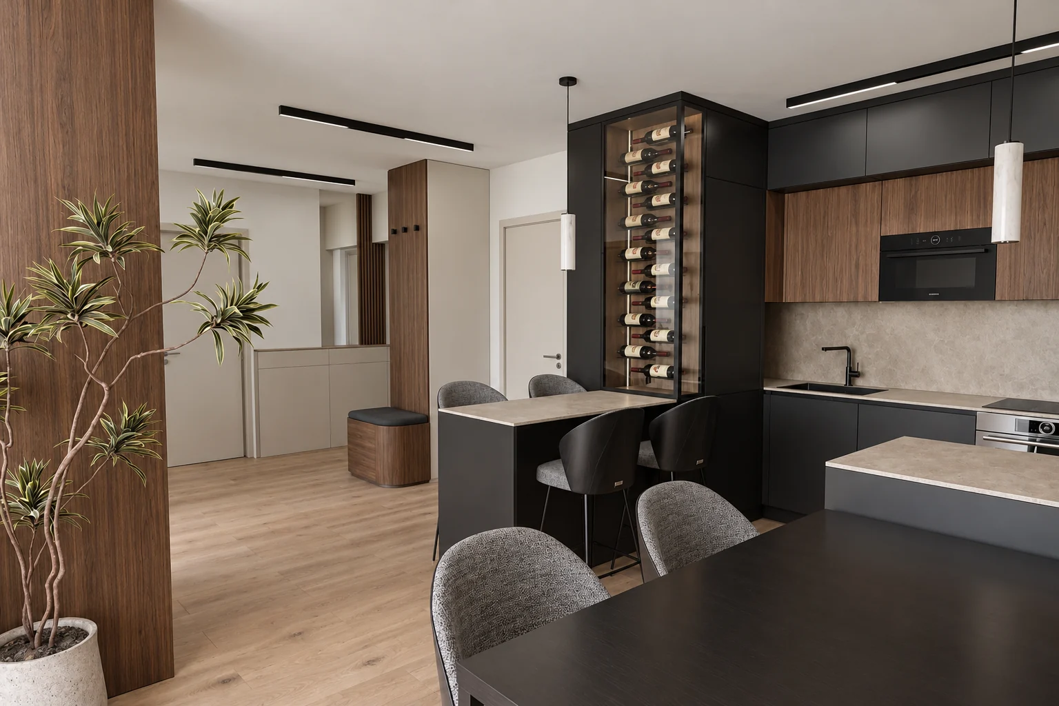 Kitchen and dining area with an oak-clad column, an illuminated wine wall, a black island and a dining table