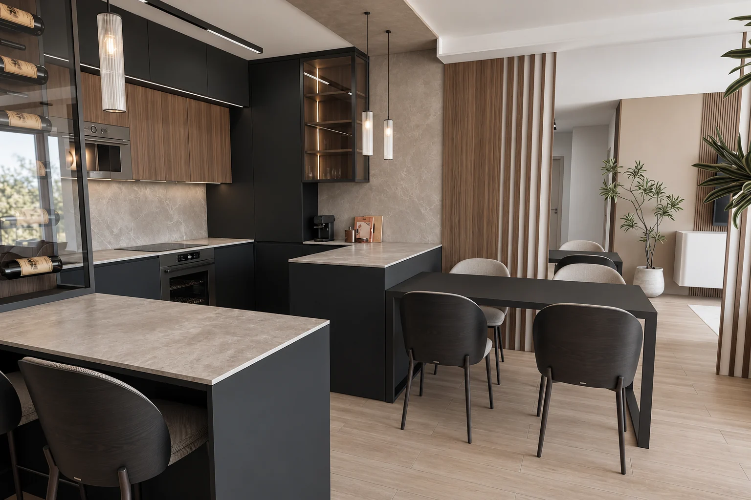 Kitchen with matt black base units and island, oak wall units, and a black dining table with dark upholstered chairs in front