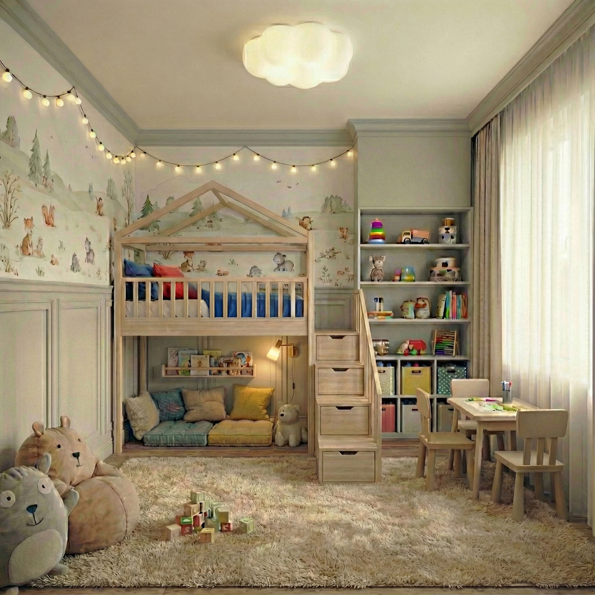 Children's room with a house-shaped loft bed, steps fitted with drawers, toy shelves and a small table