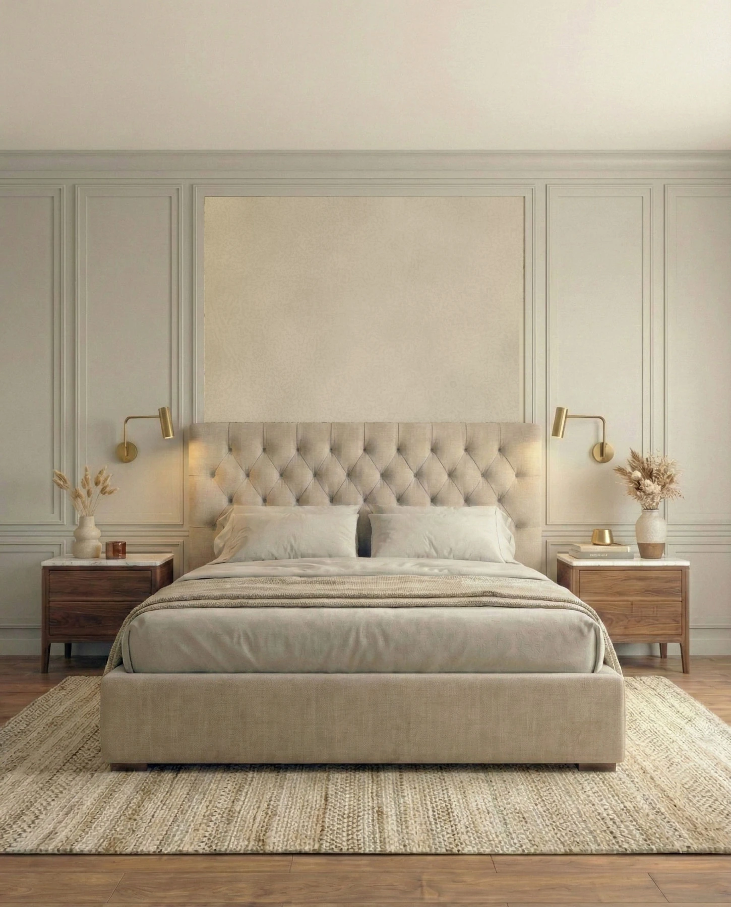 Bedroom with an upholstered bed and buttoned headboard, flanked by wooden bedside tables and brass wall lights