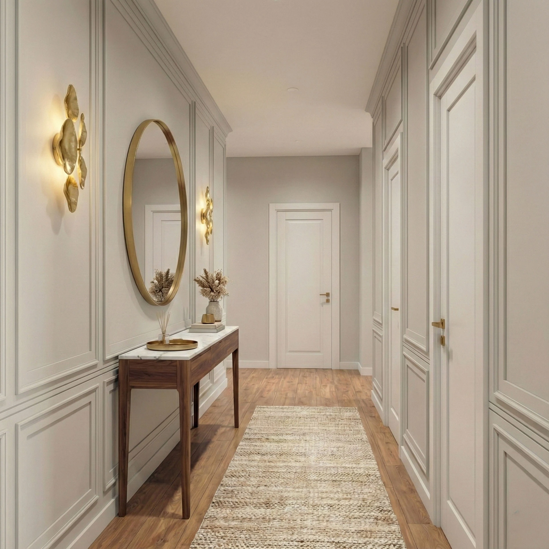 Hallway with framed wall panels, a brass-framed mirror and a console table