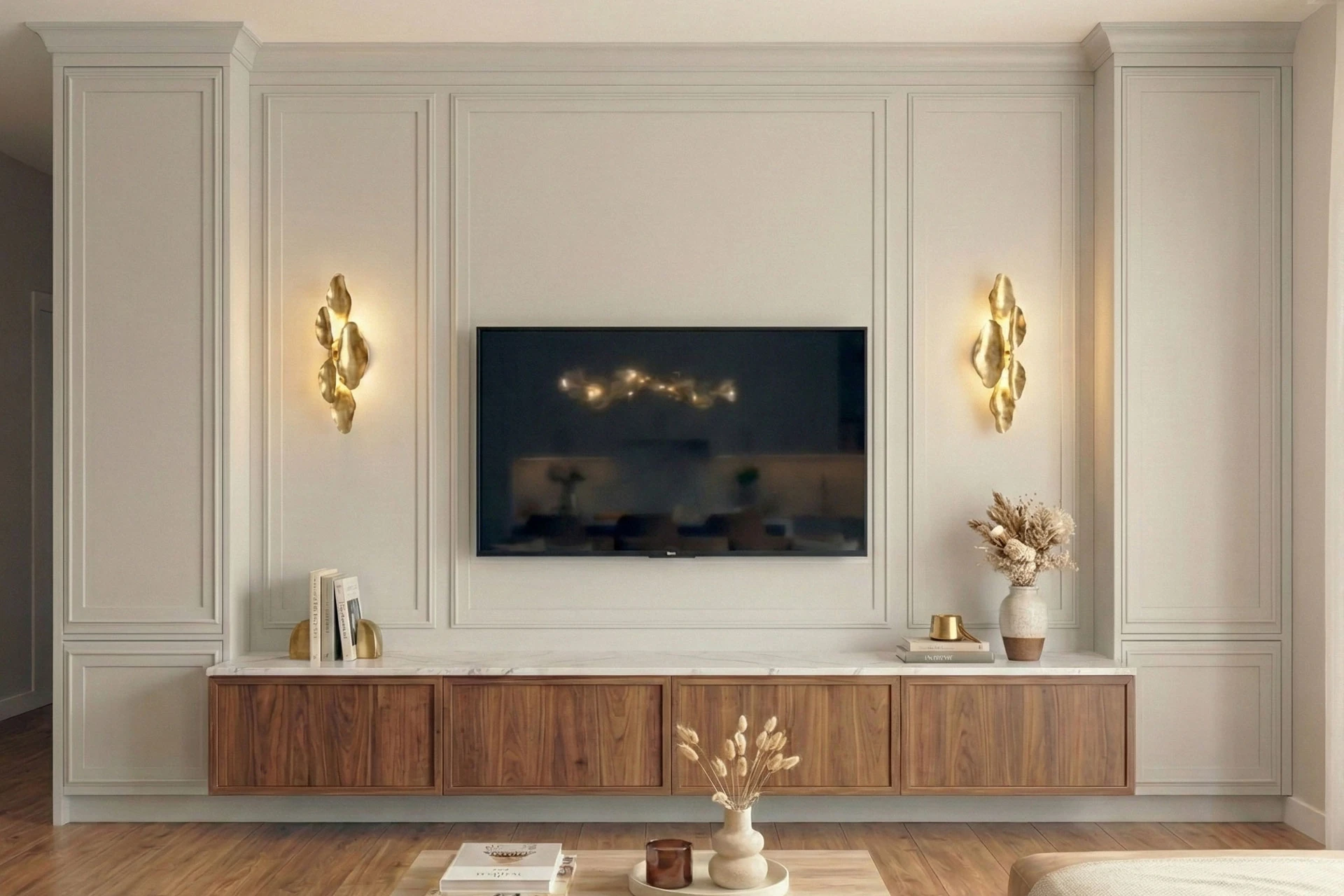Living room TV wall with framed wall panels, brass wall lights and a wall-hung media unit