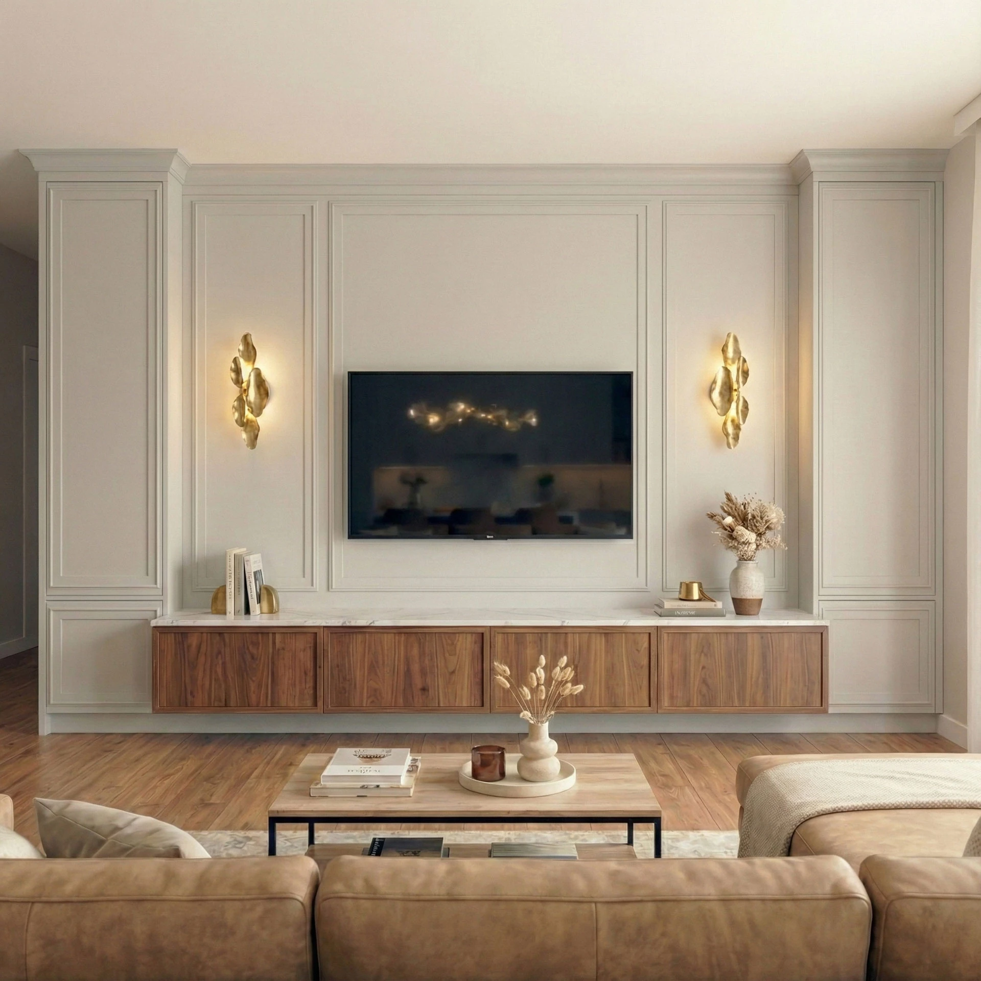 Living room with a panelled wall, a wall-hung media unit, two brass wall lights and a leather sofa