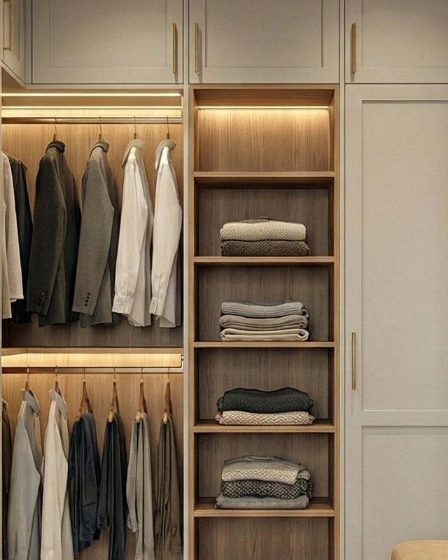 Lit open shelves with folded clothes and a hanging section in the walk-in wardrobe