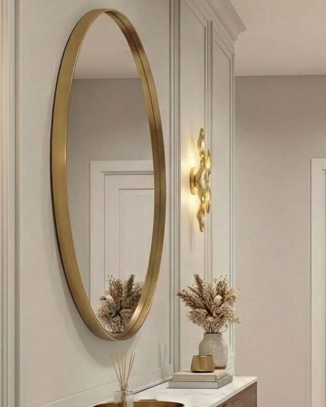 Brass-framed mirror in the hallway, with a wall light beside it and a console table with a light, veined top below