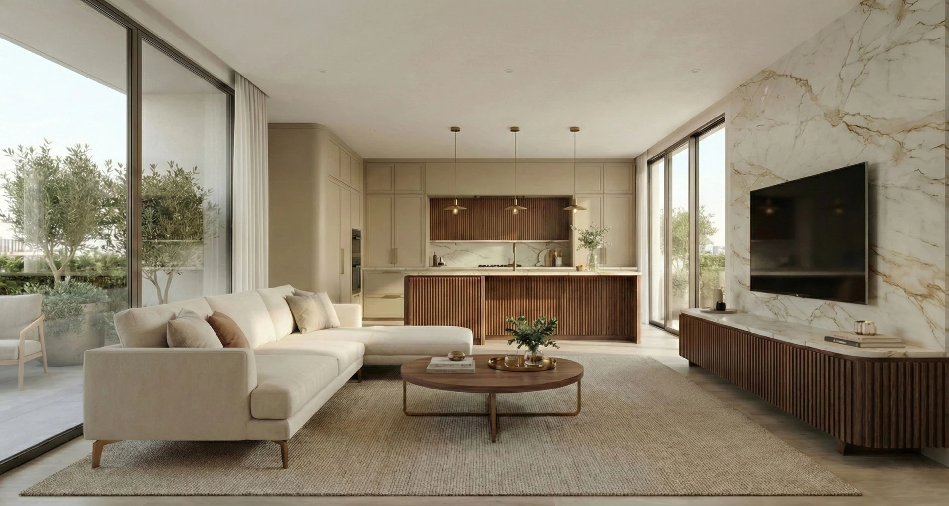 Open-plan living room with a beige corner sofa, a round wooden coffee table and a marble-patterned TV wall, with the kitchen in the background