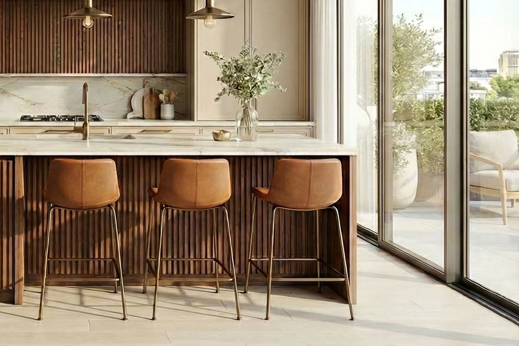Three brown leather bar stools with slim metal legs in front of the wood-battened kitchen island