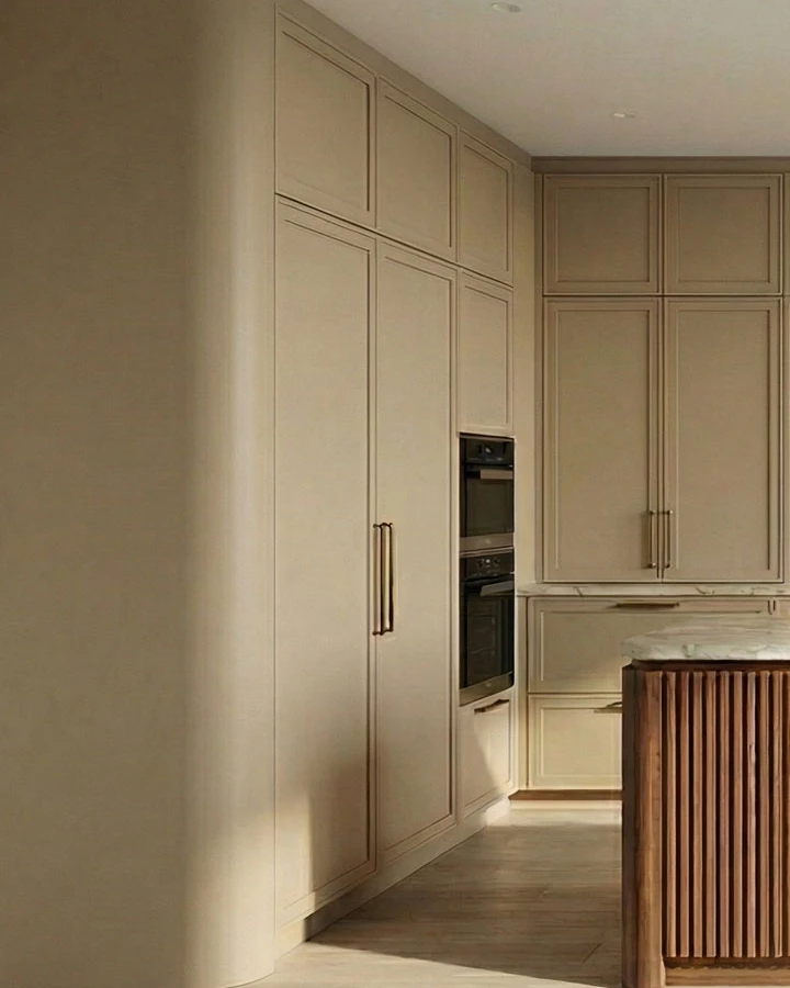 The rounded, curved side of the built-in cabinet run, with framed beige fronts and a brass bar handle