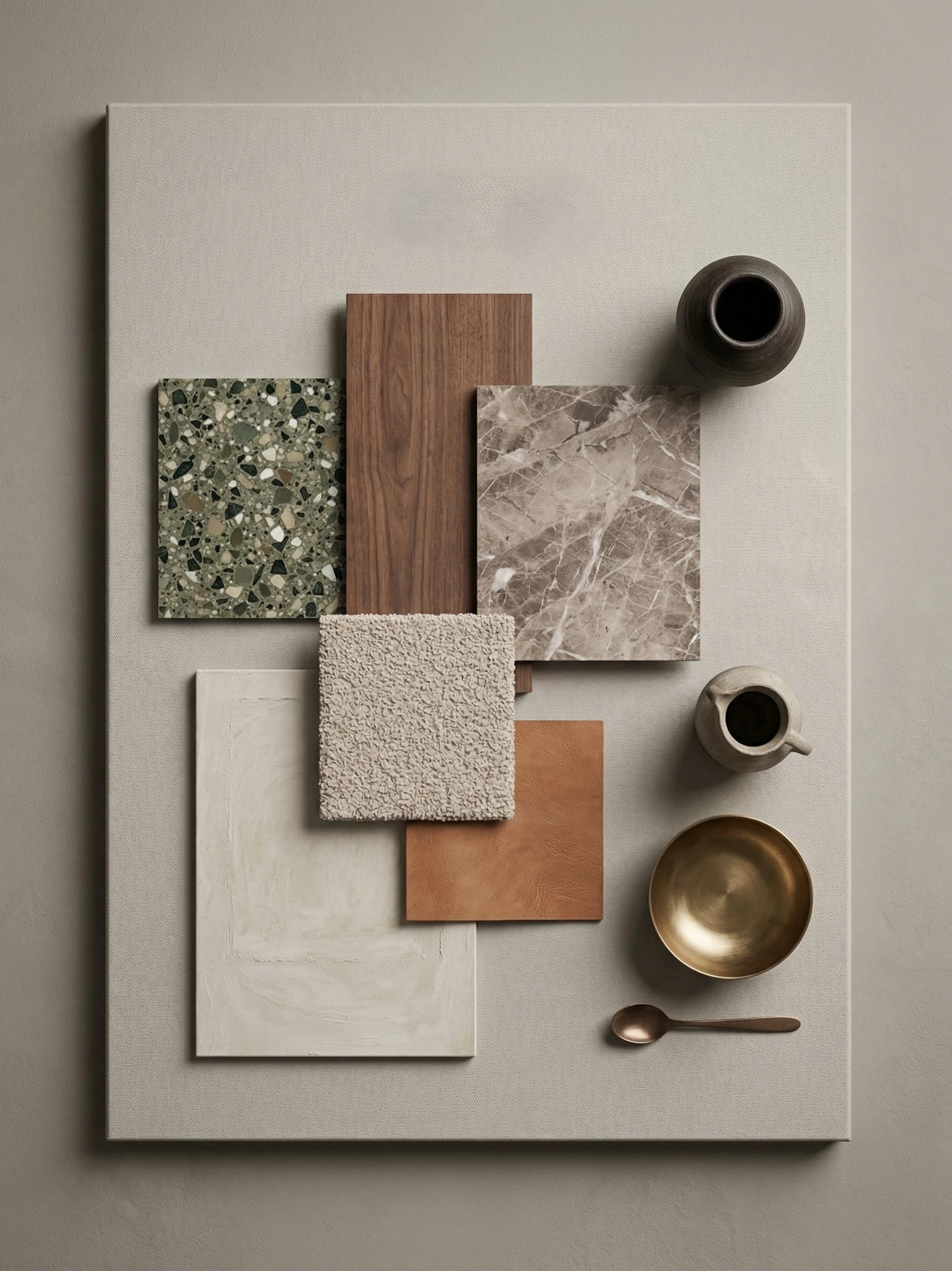 Material board with samples of green terrazzo, walnut, brownish veined stone, beige bouclé, a light wall finish and cognac leather, with ceramics and a brass bowl beside them