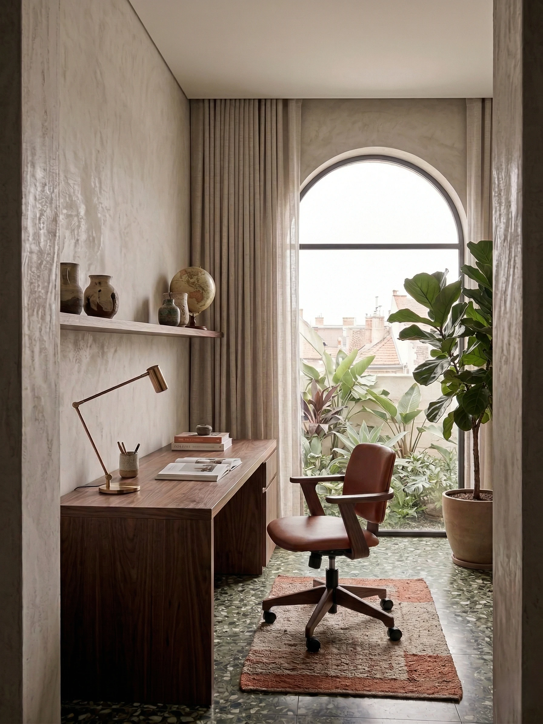 Study with a slim walnut desk, a leather office chair, a brass desk lamp, ceramics on a wall shelf and an arched window onto the plants