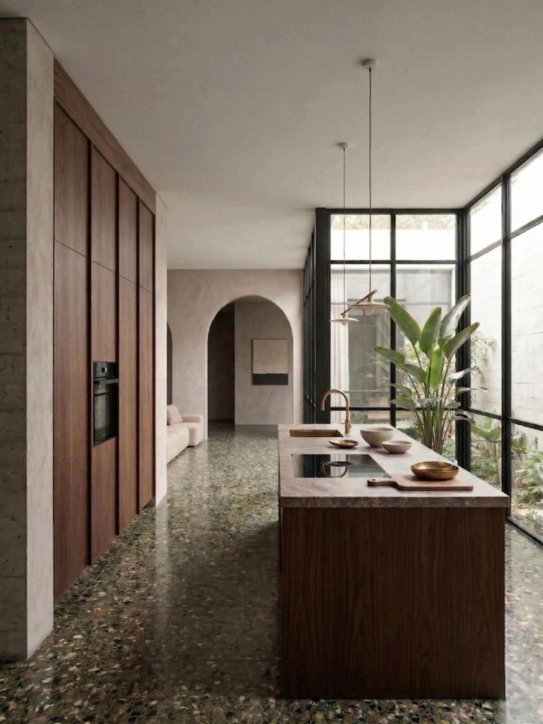 Kitchen with a run of floor-to-ceiling built-in walnut cabinets, a walnut island with a stone worktop, and a glass wall beside it looking onto the plants in the courtyard garden