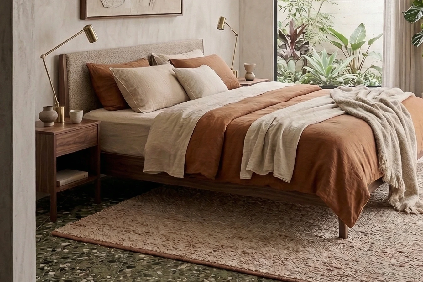 Bed with rust, terracotta and cream bed linen, a knitted throw, two brass reading lamps and a walnut bedside table