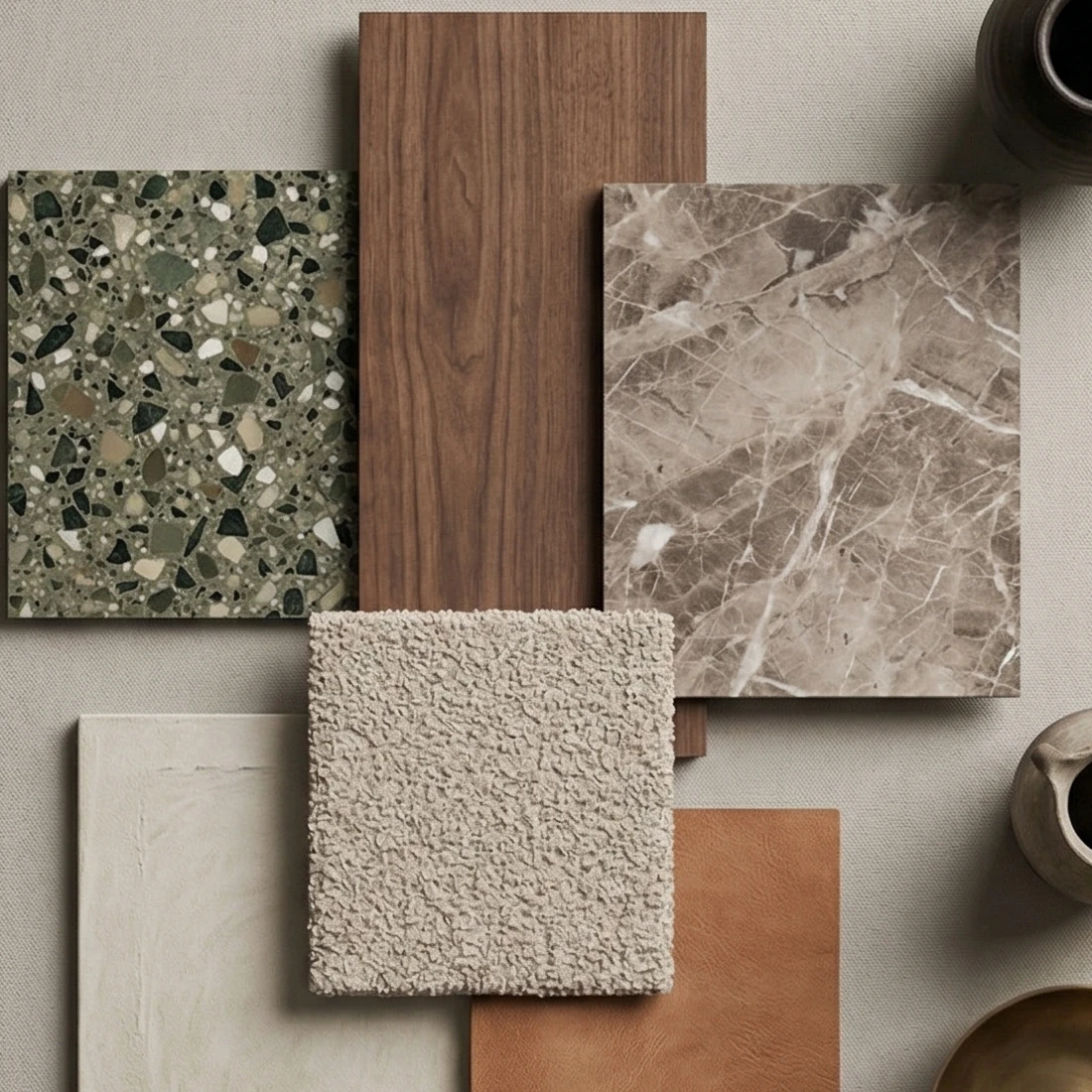 Close-up of material samples: green terrazzo with large chips, walnut, brownish veined stone, beige bouclé, a light wall finish and cognac leather